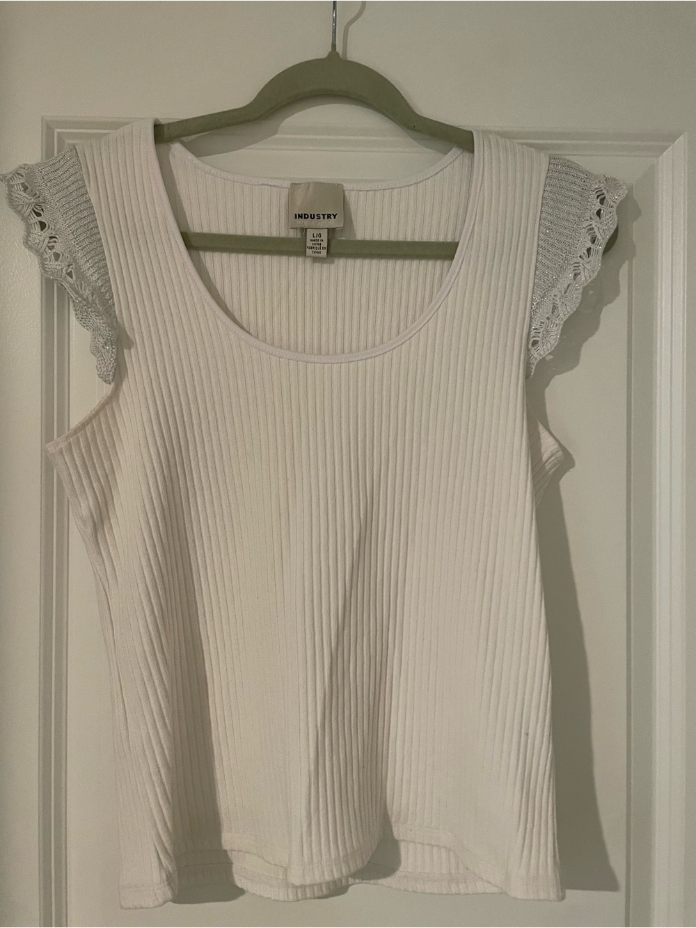Industry White Ribbed Tank with Lace Cap Sleeves